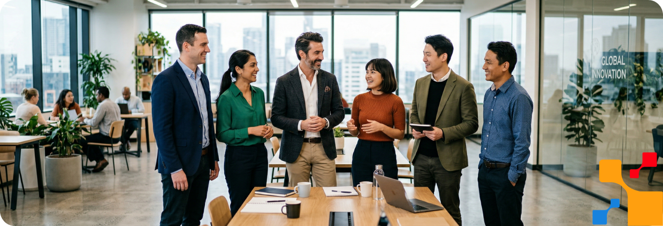 A professional photo shows six diverse colleagues in a sunlit modern office. They gather around a light-wood table with laptops and coffee mugs, engaged in an animated discussion. A central man in a grey blazer points, looking at a woman in an orange top. Large floor-to-ceiling windows behind them overlook a blurred city skyline. Others are in navy, green, olive, and patterned blue.
