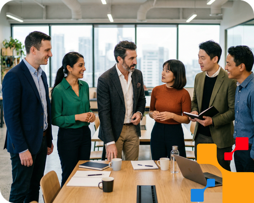 A professional photo shows six diverse colleagues in a sunlit modern office. They gather around a light-wood table with laptops and coffee mugs, engaged in an animated discussion. A central man in a grey blazer points, looking at a woman in an orange top. Large floor-to-ceiling windows behind them overlook a blurred city skyline. Others are in navy, green, olive, and patterned blue.