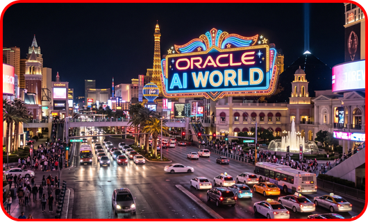 An AI generated image of the Las Vegas Strip with Oracle AI World up in lights.