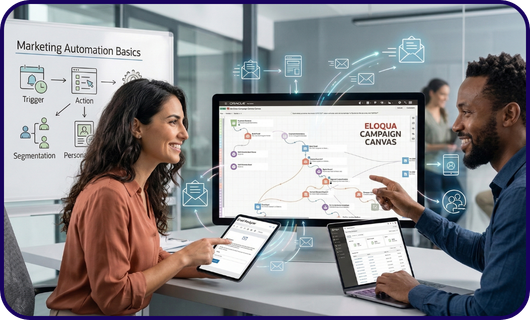 Two marketers working on their email campaign using Eloqua. Two marketers working on their email campaign using Eloqua.